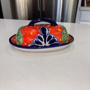Authentic Hand-Painted Mexican Talavera Ceramic Butter Dish with Lid